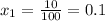 x_1 = \frac{10}{100} = 0.1