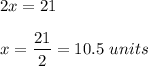2x=21\\\\x=\dfrac{21}{2}=10.5\ units