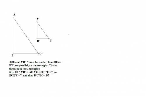 Triangle abc is dilated to form triangle a'b'c'. if ab/a'b' = to 7 what iss b'c'/bc?