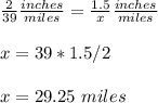 \frac{2}{39}\frac{inches}{miles} =\frac{1.5}{x}\frac{inches}{miles}\\ \\x=39*1.5/2\\ \\x=29.25\ miles