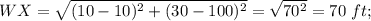WX=\sqrt{(10-10)^2+(30-100)^2}=\sqrt{70^2}=70\ ft;