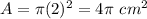 A=\pi (2)^{2}=4\pi \ cm^{2}