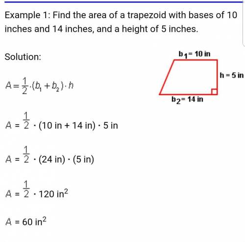 To find the area of a trapezoid use the expression 1/2h (b1 + b2), where h represents the height b1
