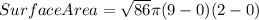 Surface Area = \sqrt{86}  \pi (9-0)(2-0)