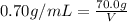 0.70 g/mL =  \frac{70.0g}{V}