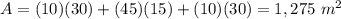 A=(10)(30)+(45)(15)+(10)(30)=1,275\ m^{2}