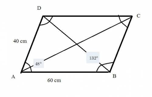 Two sides of a parallelogram measure 60 centimeters and 40 centimeters. if one angle of the parallel