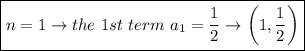 \boxed{n = 1 \rightarrow the \ 1st \ term \ a_1 = \frac{1}{2} \rightarrow \bigg( 1, \frac{1}{2} \bigg)}