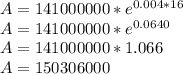 A = 141 000 000 * e ^{0.004*16} \\ A = 141000 000 * e^{0.0640} \\ A = 141000 000 * 1.066\\ A = 150306 000