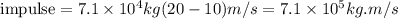 \text{impulse}=7.1\times 10^4kg(20-10)m/s=7.1\times 10^5kg.m/s