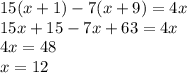 15(x+1)-7(x+9)=4x\\15x+15-7x+63=4x\\4x=48\\x=12