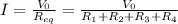 I=\frac{V_0}{R_{eq}}=\frac{V_0}{R_1+R_2+R_3+R_4}