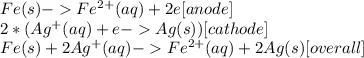 Fe(s) - Fe^{2+}(aq)+2e [anode]\\2*(Ag^+(aq)+e - Ag(s)) [cathode]\\Fe(s)+2Ag^+(aq)-Fe^{2+}(aq)+2Ag(s)  [overall]