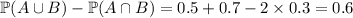 \mathbb P(A\cup B)-\mathbb P(A\cap B)=0.5+0.7-2\times0.3=0.6