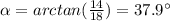 \alpha=arctan(\frac{14}{18})=37.9\°