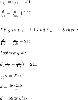 v_{cj}=v_{pa}+210 \\ \\ \frac{d}{t_{cj}}=\frac{d}{t_{pa}}+210 \\ \\ \\ Plug \ in \ t_{cj}=1.1 \ and \ t_{pa}=1.8 \ then: \\ \\ \frac{d}{1.1}=\frac{d}{1.8}+210 \\ \\ Isolating \ d: \\ \\ d(\frac{1}{1.1}-\frac{1}{1.8})=210 \\ \\ \frac{35}{99}d=210 \\ \\ d=\frac{99\times 210}{35} \\ \\ d=594miles