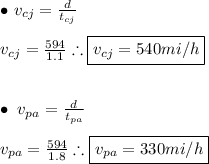 \bullet \ v_{cj}=\frac{d}{t_{cj}} \\ \\ v_{cj}=\frac{594}{1.1} \therefore \boxed{v_{cj}=540mi/h} \\ \\ \\ \bullet \ v_{pa}=\frac{d}{t_{pa}} \\ \\ v_{pa}=\frac{594}{1.8} \therefore \boxed{v_{pa}=330mi/h}