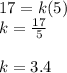 17=k(5)\\k=\frac{17}{5}\\\\k=3.4