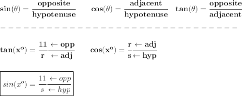 \bf sin(\theta)=\cfrac{opposite}{hypotenuse}&#10;\qquad&#10;cos(\theta)=\cfrac{adjacent}{hypotenuse}&#10;\quad &#10;% tangent&#10;tan(\theta)=\cfrac{opposite}{adjacent}\\\\&#10;-------------------------------\\\\&#10;tan(x^o)=\cfrac{11}{r}\cfrac{\leftarrow opp}{\leftarrow adj}\qquad cos(x^o)=\cfrac{r}{s}\cfrac{\leftarrow adj}{\leftarrow hyp}\\\\\\ \boxed{sin(x^o)=\cfrac{11}{s}\cfrac{\leftarrow opp}{\leftarrow hyp}}