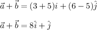 \vec{a}+\vec{b}=(3+5)\ha{i}+(6-5)\hat{j}\\\\\vec{a}+\vec{b}=8\hat{i}+\hat{j}