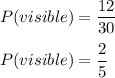 P(visible) = \dfrac{12}{30}\\\\P(visible) = \dfrac{2}{5}