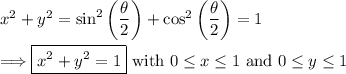 x^2+y^2=\sin^2\left(\dfrac{\theta}{2}\right)+\cos^2\left(\dfrac{\theta}{2}\right)=1\\\\\Longrightarrow \boxed{x^2+y^2=1}~\text{with}~0\leq x\leq1~\text{and}~0\leq y\leq1~
