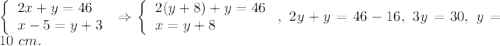 \left\{\begin{array}{l}2x+y=46\\x-5=y+3\end{array}\right.\Rightarrow \left\{\begin{array}{l}2(y+8)+y=46\\x=y+8\end{array}\right.,\ 2y+y=46-16,\ 3y=30,\ y=10\ cm.