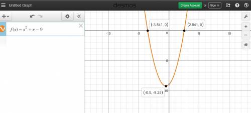 Between which two ordered pairs does the graph of f(x) = x2 + x – 9 cross the negative x-axis?  quad