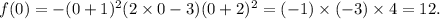 f(0)=-(0+1)^2(2\times0-3)(0+2)^2=(-1)\times(-3)\times4=12.