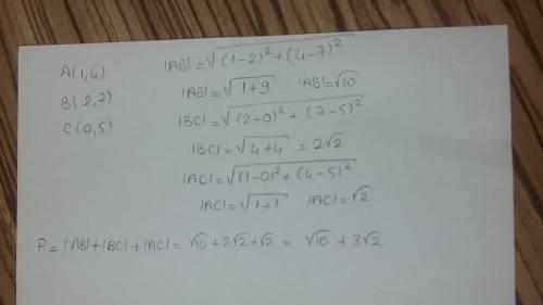 What is the perimeter of a triangle with vertices located at (1,4), (2,7), (0,5)