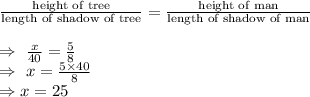 \frac{\text{height of tree}}{\text{length of shadow of tree}}=\frac{\text{height of man}}{\text{length of shadow of man}}\\\\\Rightarrow\ \frac{x}{40}=\frac{5}{8}\\\Rightarrow\ x=\frac{5\times40}{8}\\\Rightarrow x=25