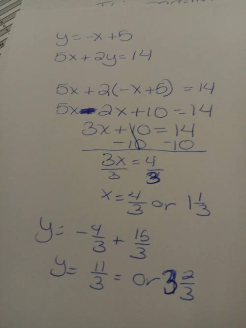 What is the solution of a system definded by y=-x+5 and 5x+2y=14?