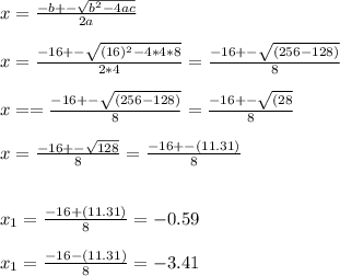 x=\frac{-b+-\sqrt{b^{2}-4ac } }{2a}\\\\x=\frac{-16+-\sqrt{(16)^{2}-4*4*8 } }{2*4}=\frac{-16+-\sqrt{(256-128) } }{8}\\\\x==\frac{-16+-\sqrt{(256-128) } }{8}=\frac{-16+-\sqrt{(28 } }{8}\\\\x=\frac{-16+-\sqrt{128 } }{8}=\frac{-16+-(11.31) }{8}\\\\\\x_{1}=\frac{-16+(11.31) }{8}=-0.59\\\\x_{1}=\frac{-16-(11.31) }{8}=-3.41