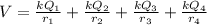 V = \frac{kQ_1}{r_1}+ \frac{kQ_2}{r_2}+\frac{kQ_3}{r_3}+\frac{kQ_4}{r_4}