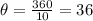 \theta=\frac{360\degree}{10}=36\degree