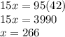 15x = 95(42)\\15x = 3990\\x = 266