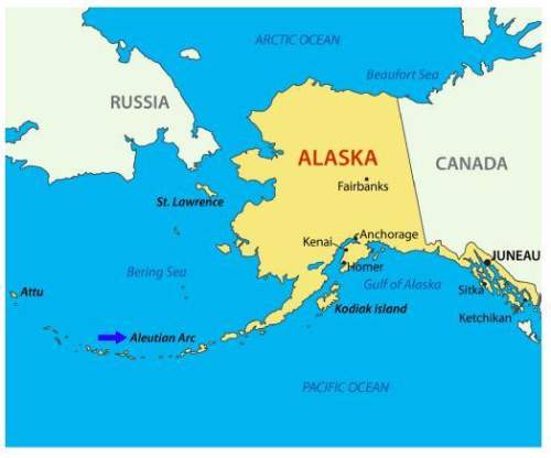 The map shows an island arc in alaska named the aleutian arc. what does the arc suggest about its su