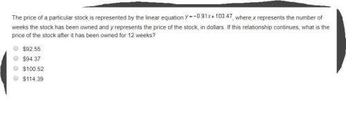 The price of a particular stock is represented by the linear equation , where x represents the numbe