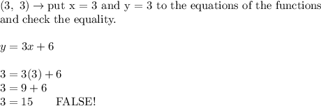 (3,\ 3)\to\text{put x = 3 and y = 3 to the equations of the functions}\\\text{and  check the equality.}\\\\y=3x+6\\\\3=3(3)+6\\3=9+6\\3=15\qquad\text{FALSE!}