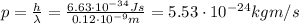 p=\frac{h}{\lambda}=\frac{6.63\cdot 10^{-34}Js}{0.12\cdot 10^{-9}m}=5.53\cdot 10^{-24} kg m/s