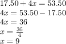 17.50+4x=53.50\\4x=53.50-17.50\\4x=36\\x=\frac{36}{4}\\x=9