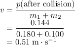 v = \dfrac{p(\text{after collision})}{m_1 + m_2} \\ \phantom{v} = \dfrac{0.144}{0.180 + 0.100} \\ \phantom{v} = 0.51 \; \text{m}\cdot \text{s}^{-1}