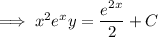 \implies x^2e^xy=\dfrac{e^{2x}}2+C