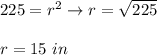 225=r^2\to r=\sqrt{225}\\\\r=15\ in