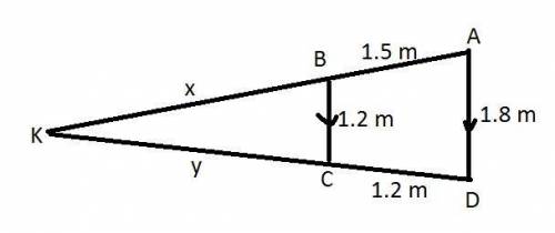 Given:  abcd trapezoid bc=1.2m, ad=1.8m ab=1.5m, cd=1.2m ab∩cd=k find:  bk and ck
