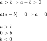 a\ \textgreater \ b \Rightarrow a-b\ \textgreater \ 0 \\ \\a(a-b)=0 \Rightarrow a=0 &#10;\\&#10;\\a\ \textgreater \ b&#10;\\0\ \textgreater \ b&#10;\\b\ \textless \ 0