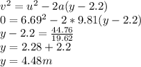 v^{2}=u^{2}-2a(y-2.2)\\0=6.69^{2}-2*9.81(y-2.2)\\y-2.2=\frac{44.76}{19.62} \\y=2.28+2.2\\y=4.48m