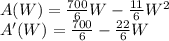 A(W)=\frac{700}{6}W -\frac{11}{6} W^2\\A'(W)=\frac{700}{6} -\frac{22}{6} W