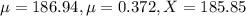 \mu = 186.94, \mu = 0.372, X = 185.85