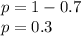 p = 1- 0.7 \\p = 0.3